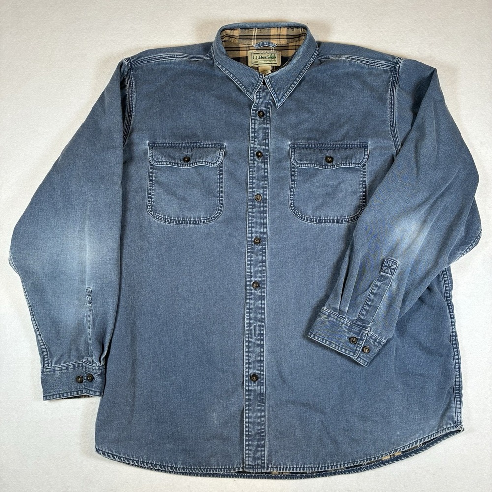 Vintage L.L. Bean Men's 2XL Denim Flannel Lined Shirt Jacket Distressed READ - Picture 2 of 16